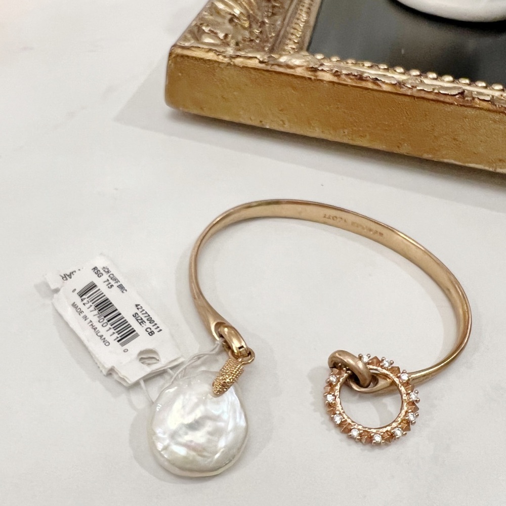 Kendra Scott gold cuff bracelet with cultured pearl charm, brand new without box